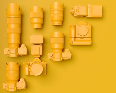 Top view of designer workspace and photography gear on monochrome table Stock Illustration