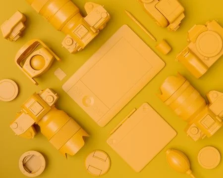 Top view of designer workspace and photography gear on monochrome table Stock Illustration