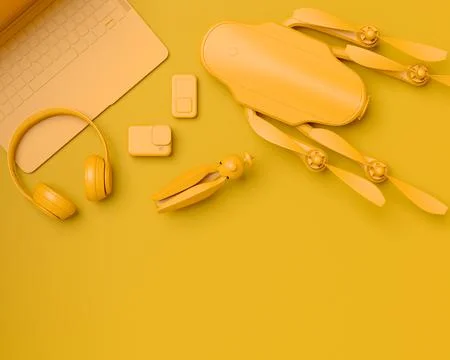 Top view of designer workspace and photography gear on monochrome table Stock Illustration