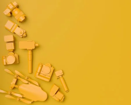 Top view of designer workspace and photography gear on monochrome table Stock Illustration