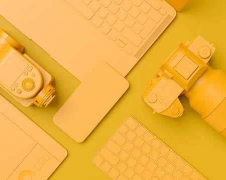 Top view of designer workspace and photography gear on monochrome table Stock Illustration