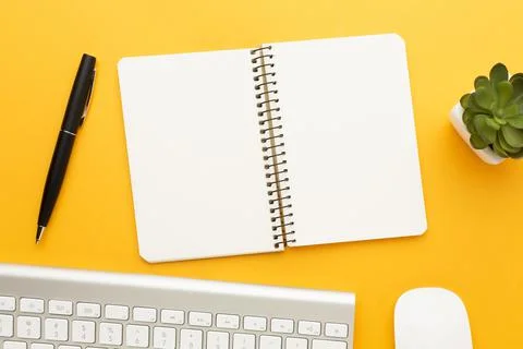 Top view desk concept with notebook. High quality and resolution beautiful photo Stock Photos