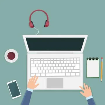 Top view of desk with electronic devices and laptop	 Stock Illustration