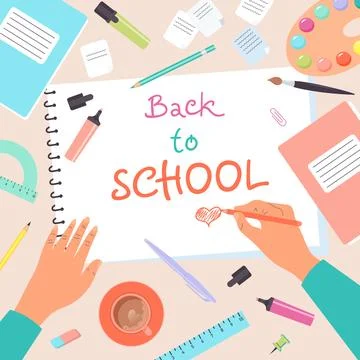 Top view of desk with human hands drawing in notebook. Back to school. Colorf Stock Illustration