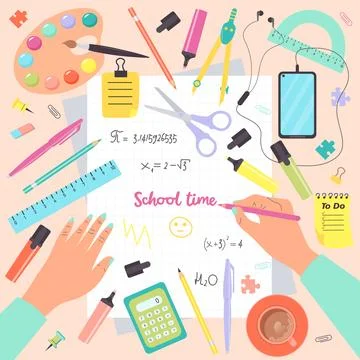Top view of desk with human hands writing in notebook and school supplies. Sc Illustrazione stock