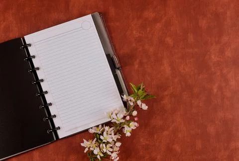 Top view with desk on notepad of office equipment space table Stock Photos