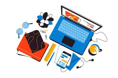 Top view desk top workspace with laptop Stock Illustration