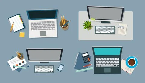 Top view desk workspace with laptop computer notebook for kid stationery an.. Illustrazione stock
