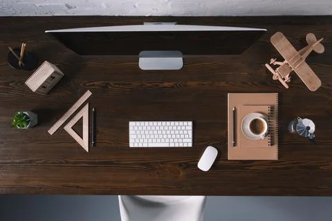 Top view desktop computer office Stock Photos