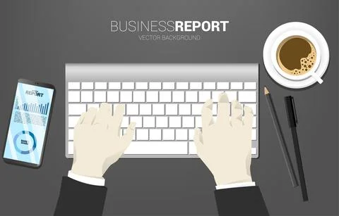 Top view Desktop computer on table with hand and computer keyboard. Concept f Stock Illustration