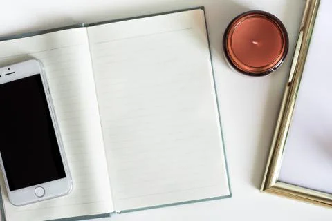Top view desktop with copy space and brown candle Stock Photos