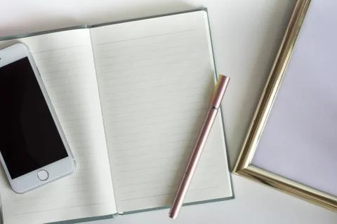 Top view desktop with notebook phone copy space Stock Photos