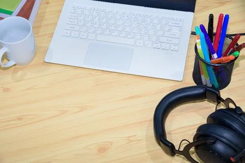Top view desktop for online learning background Stock Photos