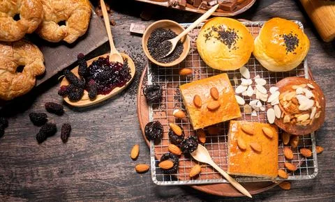 Top view of dessert table Bakery. Baking Bakery with berry jam, almond and .. Stock Photos