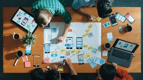 Top view of developer team sharing Ux design by using mind map. Convocation. Foto stock