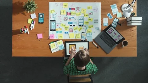 Top view of developer working on tablet and writing Ux Ui design. Convocation. Stock Footage 268745182