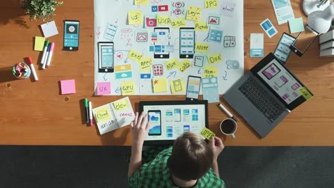 Top view of developer working on tablet and writing Ux Ui design. Convocation. Stock Footage 269617747