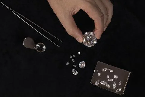 Top view of Diamonds of different cuts and sizes scattered on table with a Stock Photos