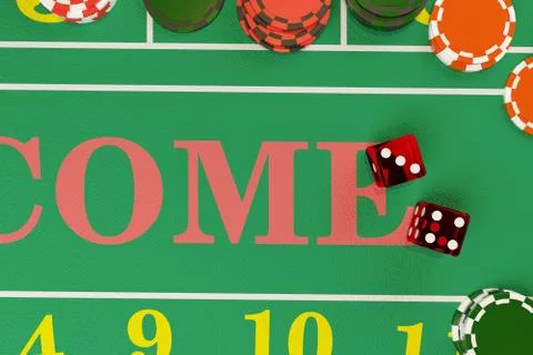 Top view of dice and chips on a craps table. 3d illustration. Stock Illustration