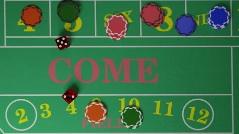 Top view of dice rolling seven in the craps game on a table with chips. 3d an Stock Footage 133714471