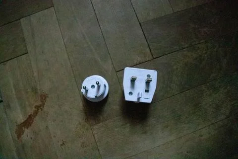 Top view of different adapter plug UK and EU Stock Photos