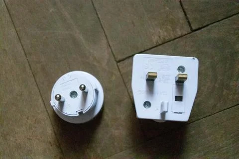 Top view of different adapter plug close up UK and EU Stock Photos