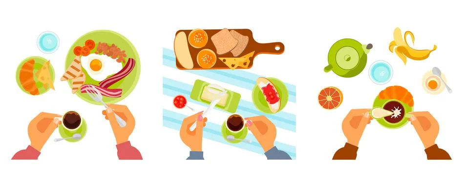 Top view on different breakfast dishes. Stock Illustration