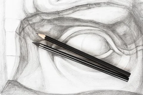Top view of different graphite pencils on drawing Stock Photos