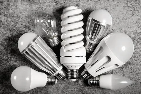 Top view of different light bulbs with different production technology and Stock Photos