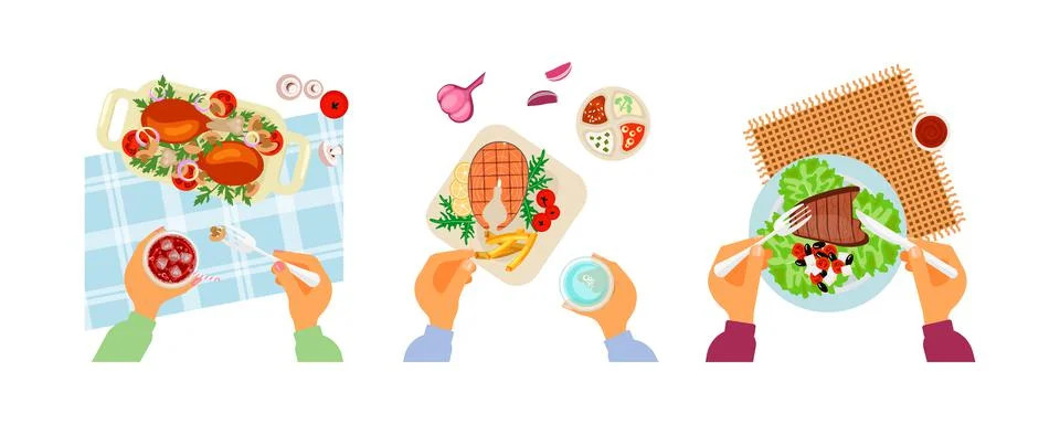 Top view on different main dishes. Ilustración de archivo