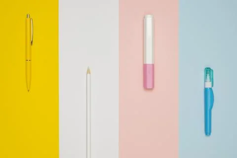 Top view different office pens Stock Photos