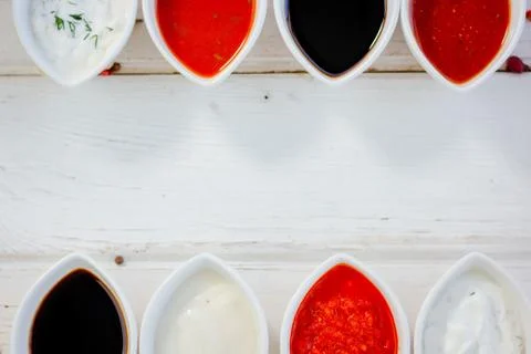 Top view of different sauces. Stock Photos