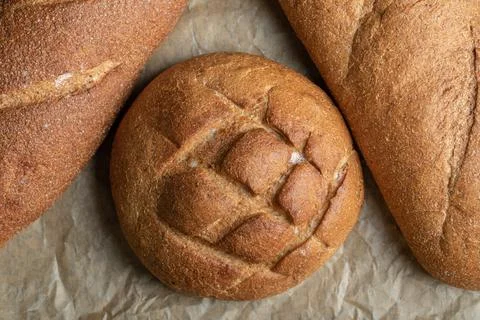Top view of different shaped loaves breads Stock Photos