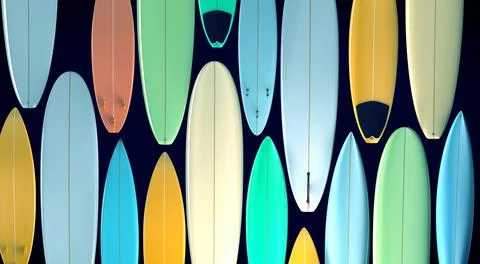 Top view of different surfboards side by side and facing each other in differ 스톡 일러스트