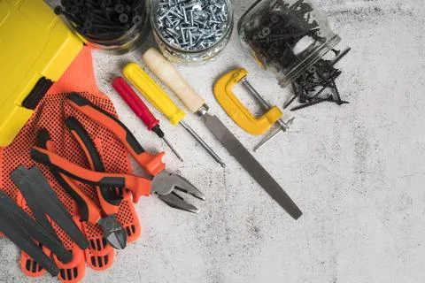 Top view different types tools 3 Stock Photos