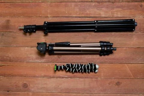 Top view of different types of tripods for cameras Photos