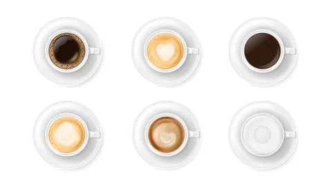 Top view at different white coffee cups on plates. Realistic vector illustration Illustrazione stock