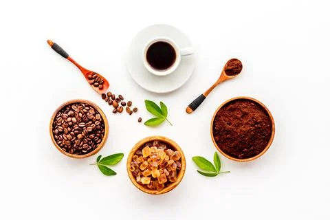 Top view of diffetent varieties of coffee beans with hot drink, top view Stock Photos