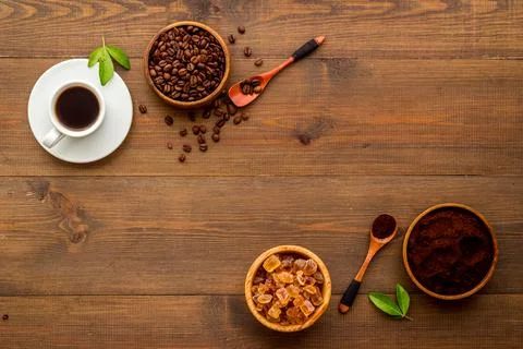 Top view of diffetent varieties of coffee beans with hot drink, top view Stock Photos