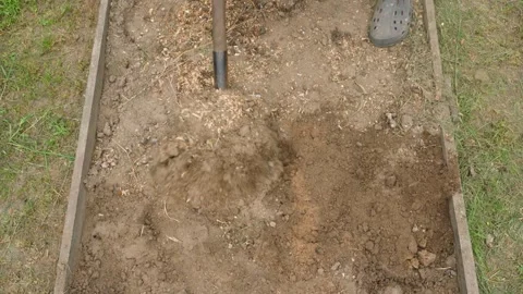 Top view, digging up a garden bed with a shovel Stock Footage 314766862