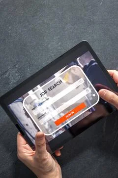 Top view of digital tablet with search job on screen in male hands. Stock Photos