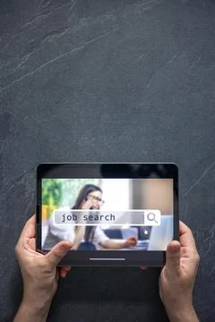 Top view of digital tablet with search job on screen in male hands. Stock Photos