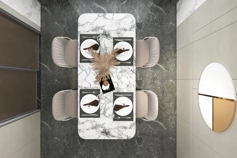 Top view of dining table and wall art design and decoration interior 3D Desig Stock Illustration