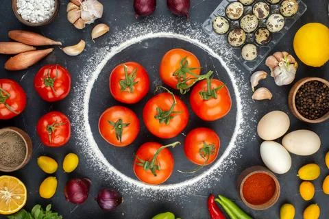 Top view of dinner preparation with fresh vegetables eggs flour lemon kumqu.. 写真素材