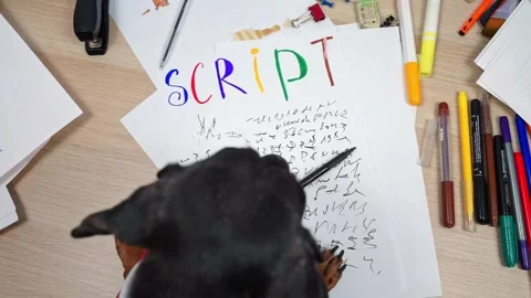 Top view Director head over paper with text Dog write content creative script Video stock 280367731