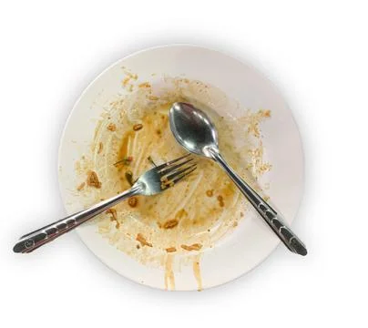 Top view dirty empty white dish isolated Stock Photos