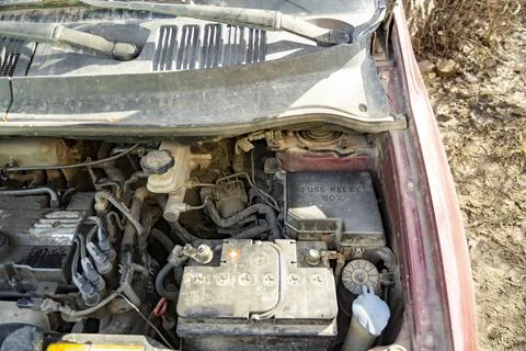Top view of the dirty engine of an old car in need of repair. Car engine main Stock Photos