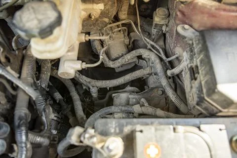 Top view of the dirty engine of an old car in need of repair. Car engine main Stock Photos