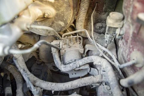 Top view of the dirty engine of an old car in need of repair. Car engine main Stock Photos