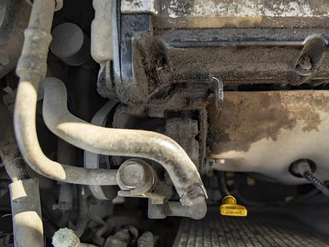 Top view of the dirty engine of an old car in need of repair. Car engine main Stock Photos